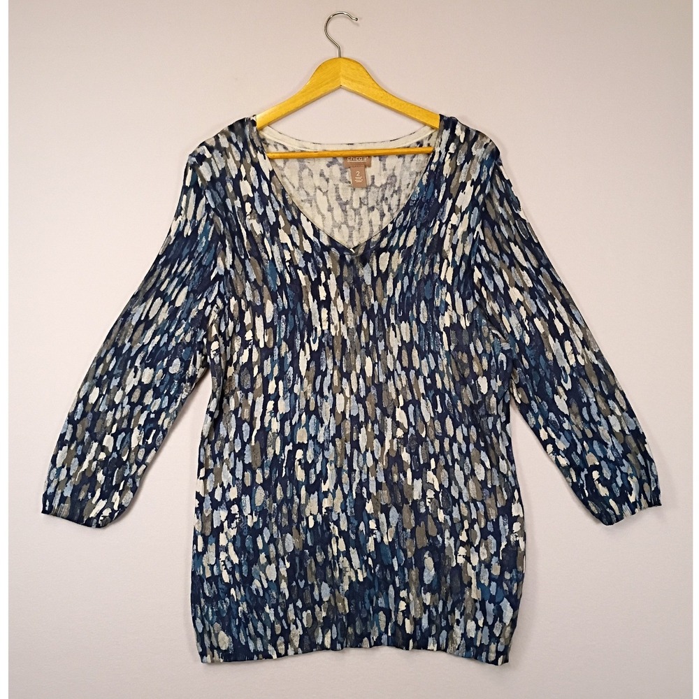 Artistic Chico's Women Size 2 Blue Abstract Cashmere Blend 3/4 Sleeve Knit Top